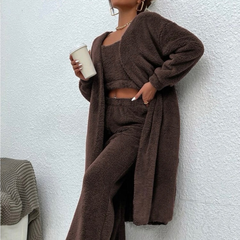 Open Front Flannel Coat & Tank Top & Pants